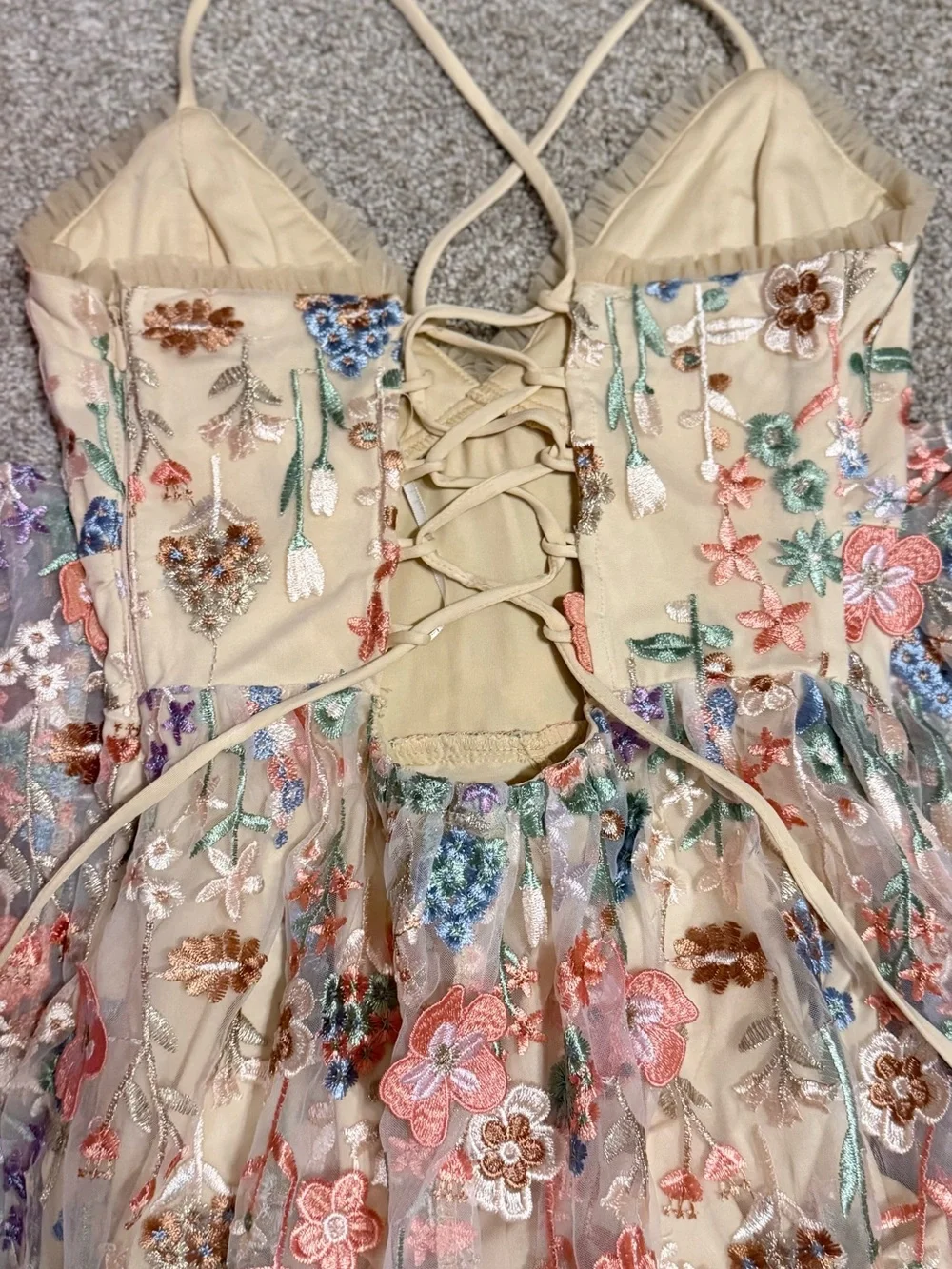 Mahryn Beige 3D Floral Embroidered Midi Bodysuit Dress - Picture 10 of 10